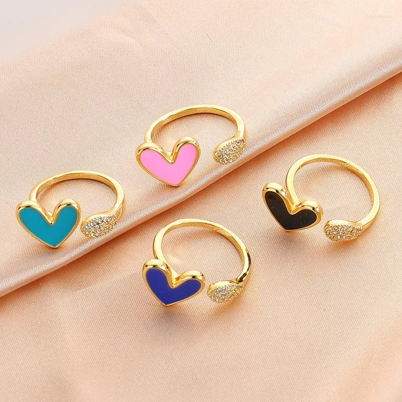 Cluster Rings Fashion Simple Candy Color Love Adjustable Peach Heart Micro Pave Zircon Ring For Woman Gift Banquet