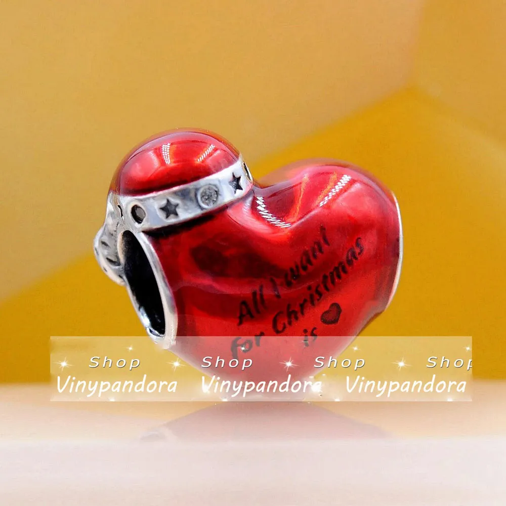 925 Sterling Silver Metallic Red Christmas Heart Charm Bead Fits European Pandora Style smycken Charm Jarmets