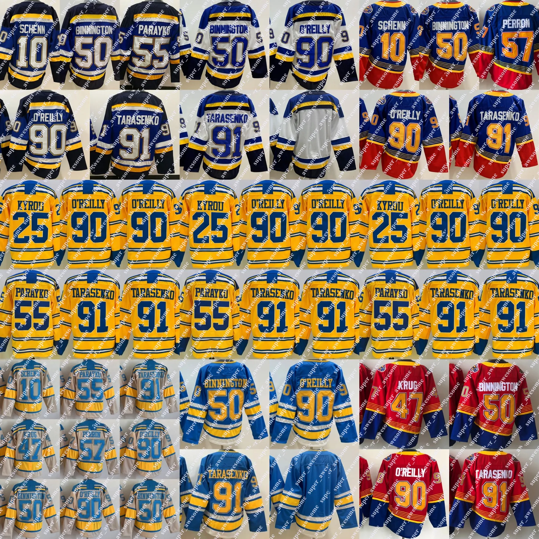 91 Vladimir Tarasenko Jersey 10 Brayden Schenn 50 Binnington 55 Colton Parayko 25 Kyrou Ryan O'Reilly Torey Krug Hockey Maglie Inverno Classico Blu Rosso Bianco