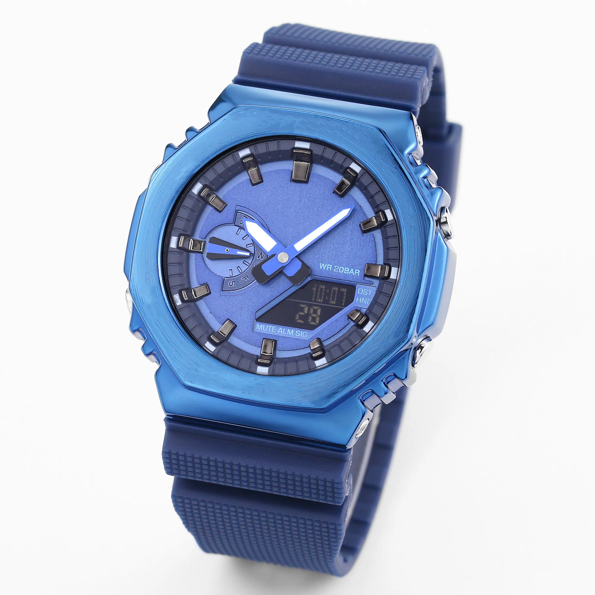 Męski sport sportowy cyfrowy zegarek LED Auto Hand Light Waterproof World Time Metal Dial Blue GM Oak Series