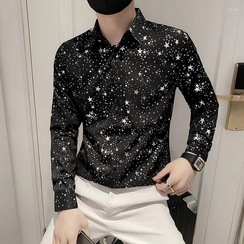 Camisas informales para hombre, primavera 2022, camisa con estampado plateado de estrellas completas, esmoquin Social de diseñador para hombre, ropa ajustada de manga larga para fiesta y club nocturno