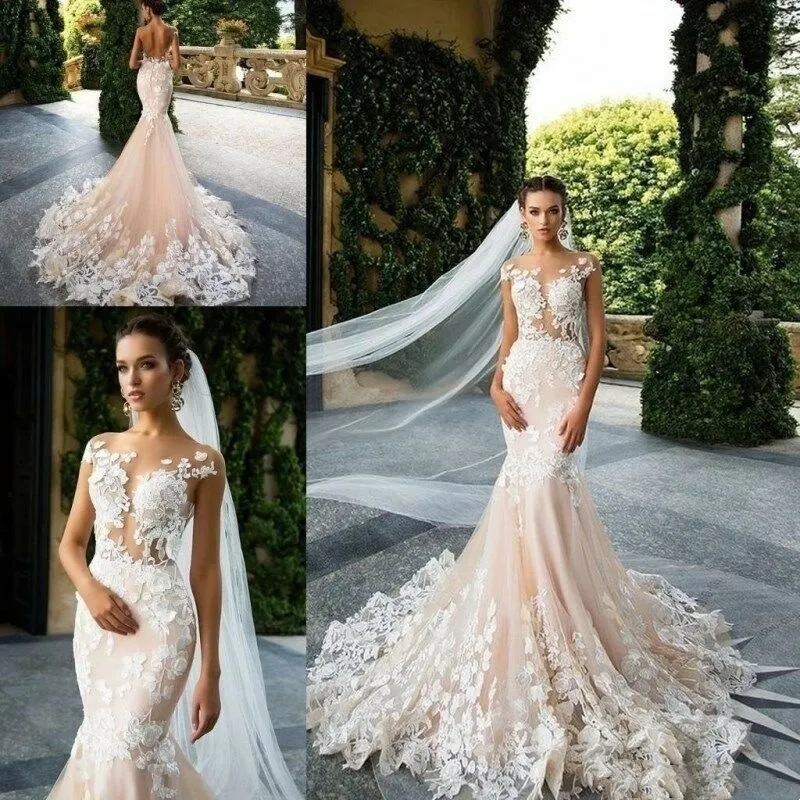 Sexy Mermaid Wedding Dresses Tulle Lace Appliques Crystal Beaded Diamond Bridal Gowns Custom Size 403