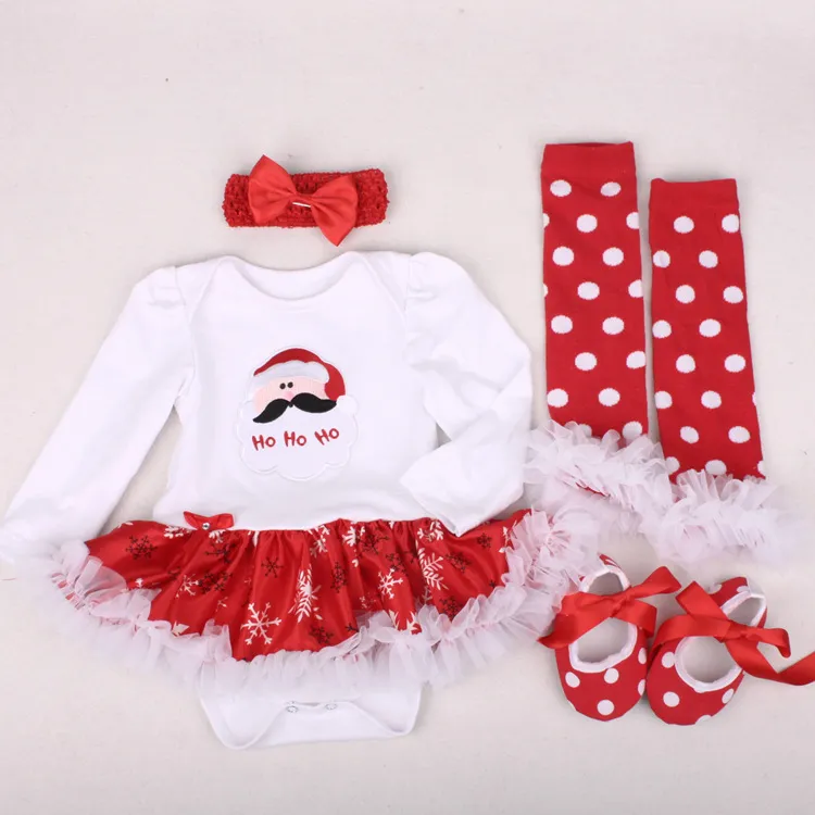 Natal Girls Baby Conjunta recém -nascido Tutu Romper Dress Sumpersuit Sapatos de face para a cabeça 4pcs Conjunto de Santa Bebe Primeiro presente de aniversário