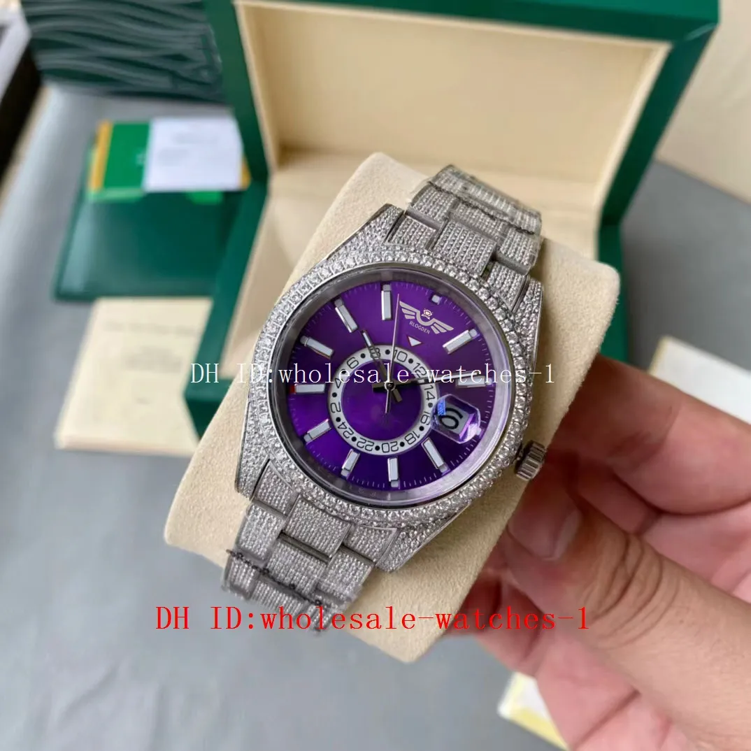 5 Star Super 17 Style Full Diamond Watch Sky-Dweller Stainless Steel 18K White Gold 42mm Purple dail Watch 326938 Automatic Sapphire Watches Mens Men's Wristwatches