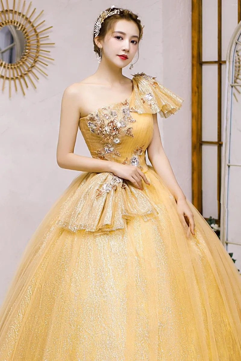 Casual jurken enkele schouder Golden Flower Stars Dream Fairy Long Dress Ball Gown Studio/Stage/Chorus/Victoriaans