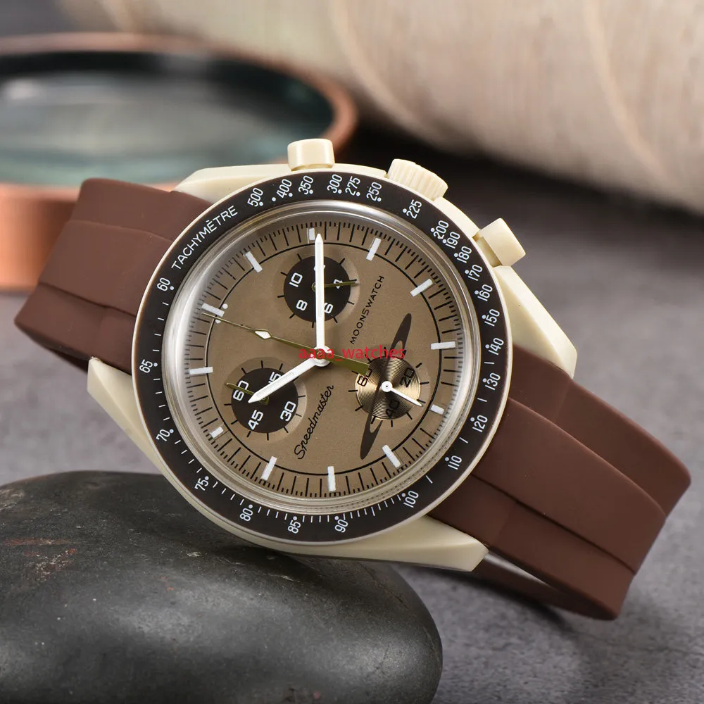 2022 Rubber Watch Band Moon Mens hohe Qualität Vollfunktion Chronograph Designer Uhren Mission für Mercury 42mm Nylon Uhren Quarzuhr Relogio Maskulino