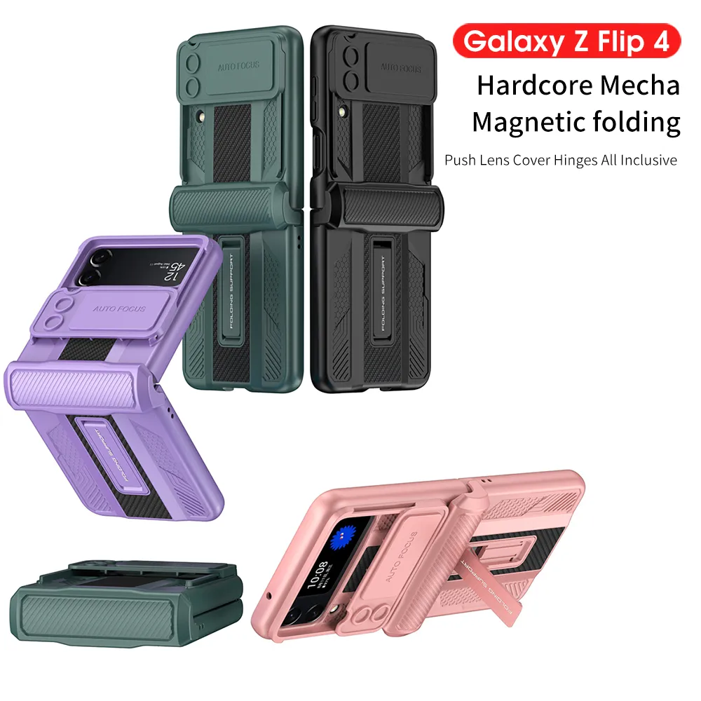 Magnetiska gångjärnsfodral för Samsung Galaxy Z Flip 4 Case Armor Holder Lens Stand Protection Cover