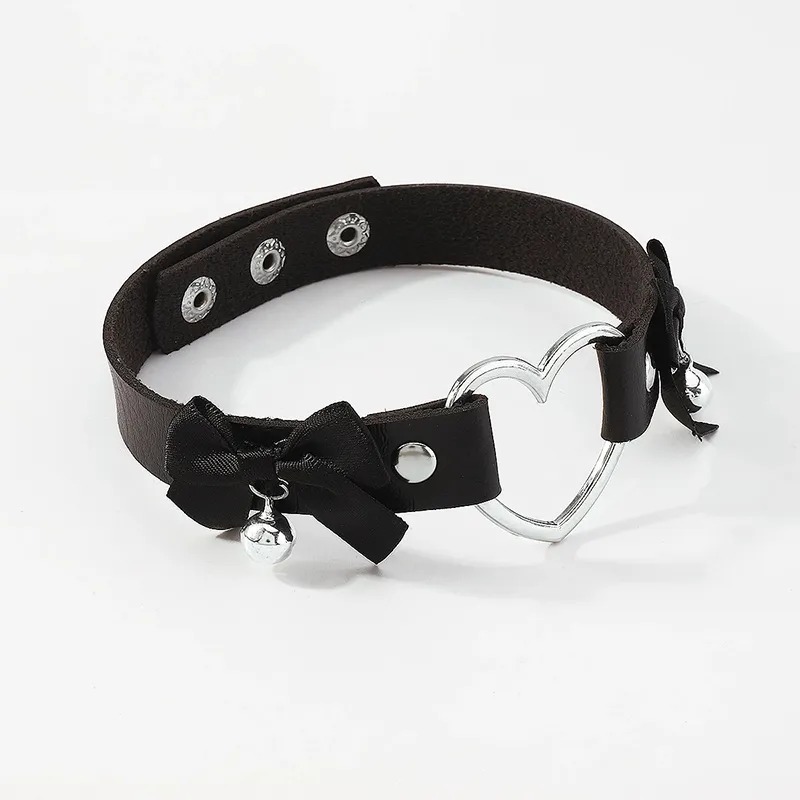 Herz-Choker-Halskette für Frauen und Mädchen, schwarzes Leder, Spikes, Schleife, Chocker-Kragen, Goth-Schmuck, Rave-Festival-Accessoires