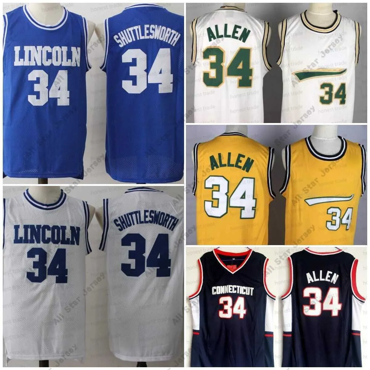 Maillots de basket-ball NCAA Uconn Connecticut Huskies 34 Ray Allen Hommes Basketball College Maillots Film Lincoln 34 Jesus Shuttlesworth Jersey