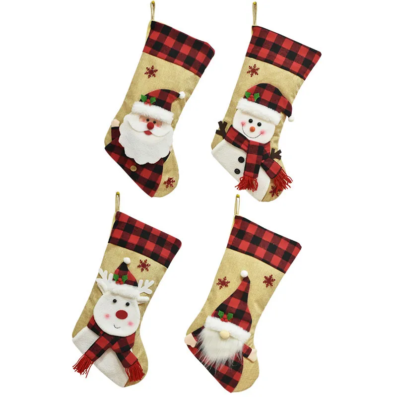 Christmas Stockings Personalized Name Deer Gnome Santa Snowman Burlap Plaid Xmas Stocking Christmas Decoration Gifts HH22-339