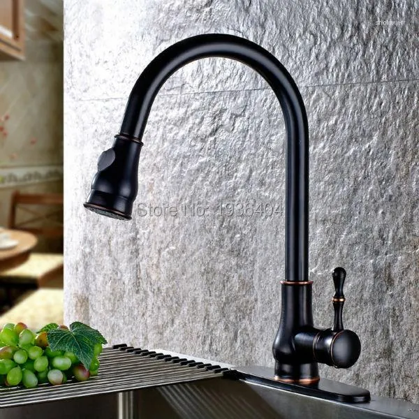 Robinets de cuisine modernes en laiton massif, poignée unique, robinet noir extractible à Arc élevé avec pulvérisateur, Bronze huilé B3272