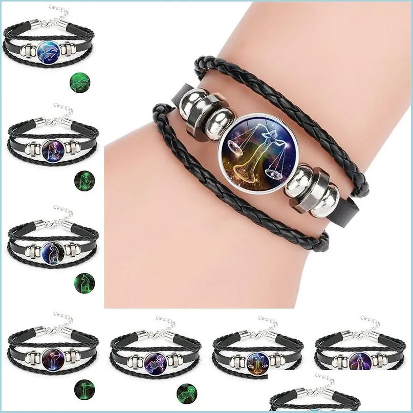 Urok Bracelets 12 Glow in the Dark Horoscope Znak Bransoletka Charm Mtilayer Wrap skórzane bransoletki Kobiety moda świetlna biżuteria dro dhpua