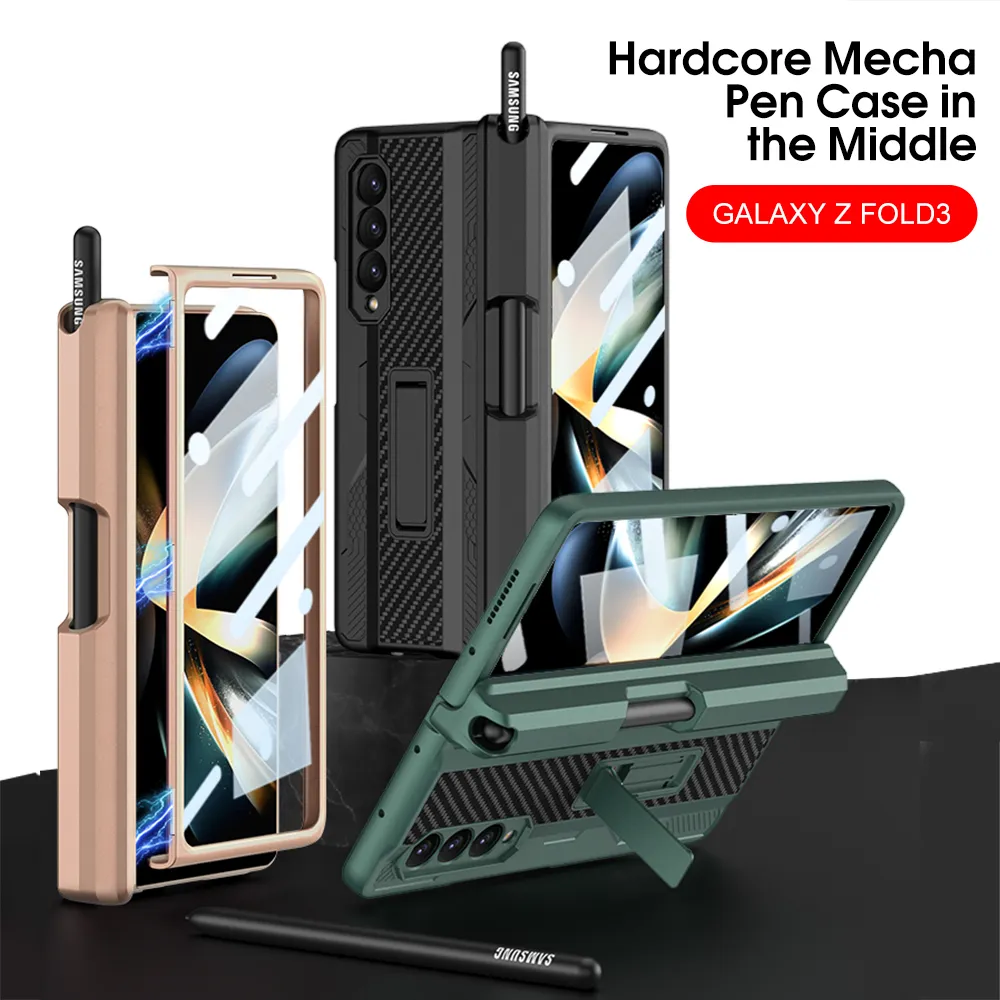 Magnetiska sugfall för Samsung Galaxy Fold 3 5G Case Armor gångjärn Mecha Stand Protection Cover