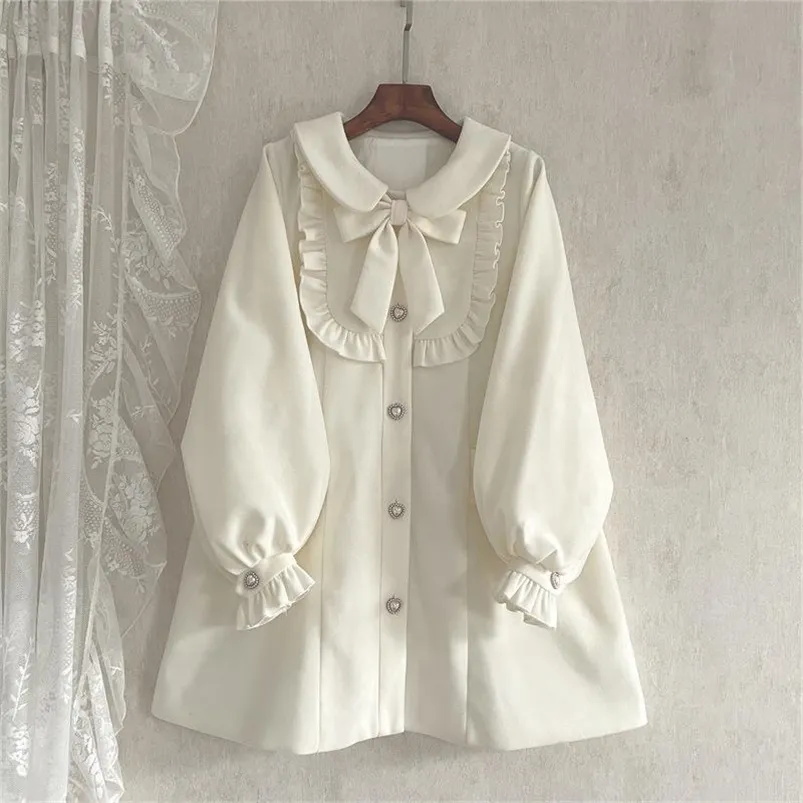 Women's Wool Blends Single-breasted Puff Sleeve Sweet Elegant Woolen Coat Women Jacket Bowknot Lolita Doll collar Outerwear Korean Fashion Clothes 221110