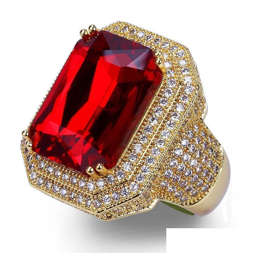 Кольца кольца Mens Ring Vintage Hip Hop Jewelry Ruby Zircon Iced Out Copper High Grade Luxury for Lover Wedding Fashion Whole218W Drop Dhgbe