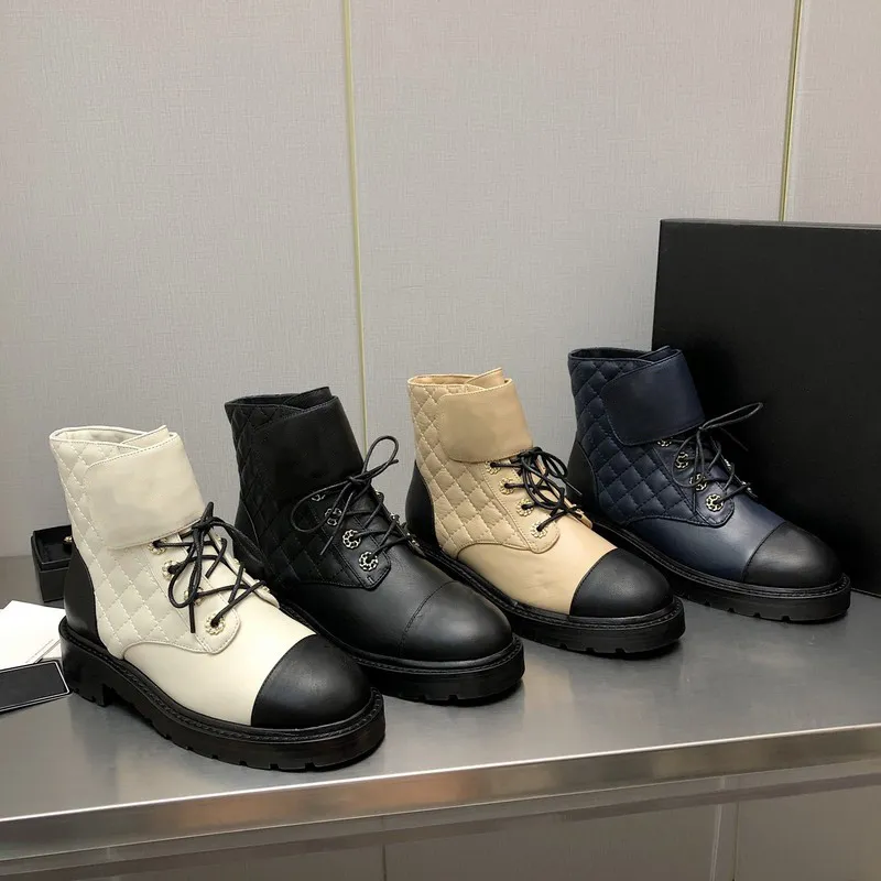 2022 Femmes de cheville Martin Bot Winter Calfskin brillant Bo￮tes militaires noirs Dark Beige Laces Chaussures d￩contract￩es Designer Luxury Fashion Bottes de neige avec bo￮te