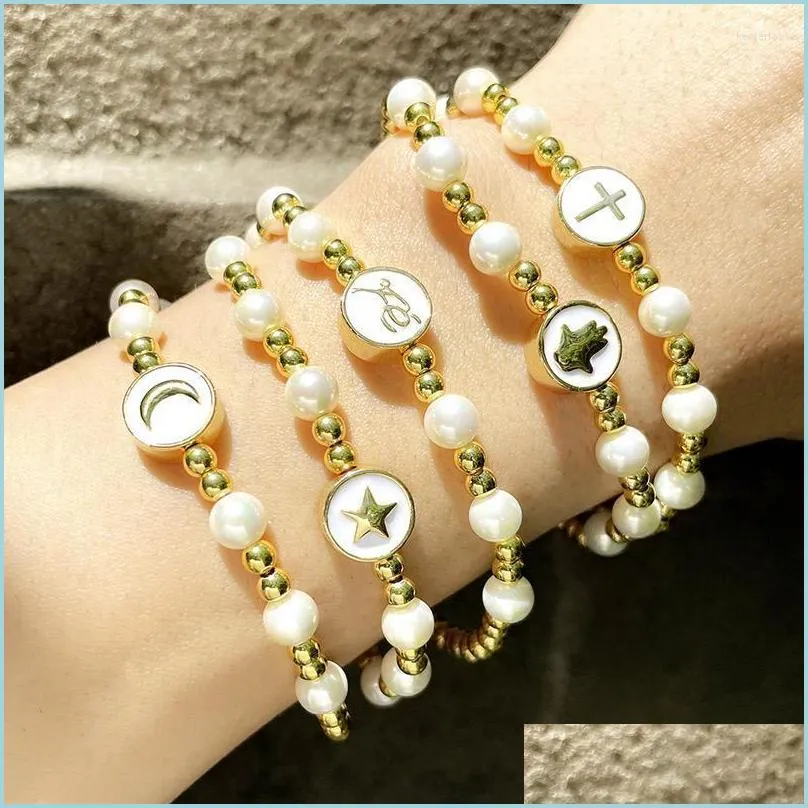 Braccialetti con ciondoli Braccialetti con ciondoli Flola Perle d'oro Smalto di perle Luna e stella Per le donne Braccialetto con croce con perline fatto a mano Wholesal Dhxbf