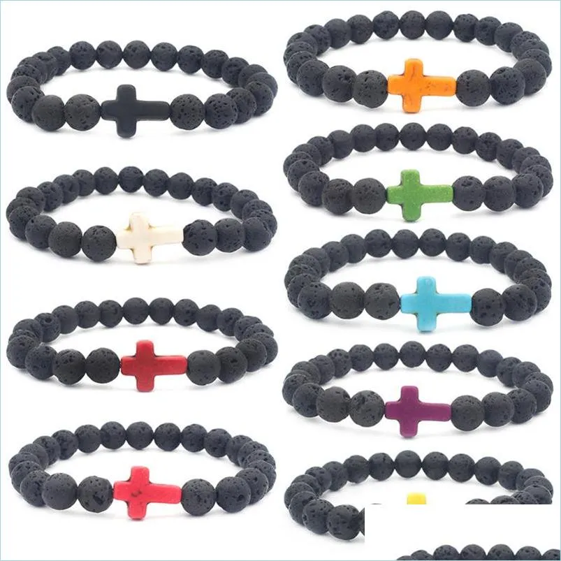 Pierre de lave perlée Bracelets brins perlés Diffuseur d'huiles essentielles noir naturel Bracelet croix élastique Roche volcanique Cordes à la main Juif Dhfse