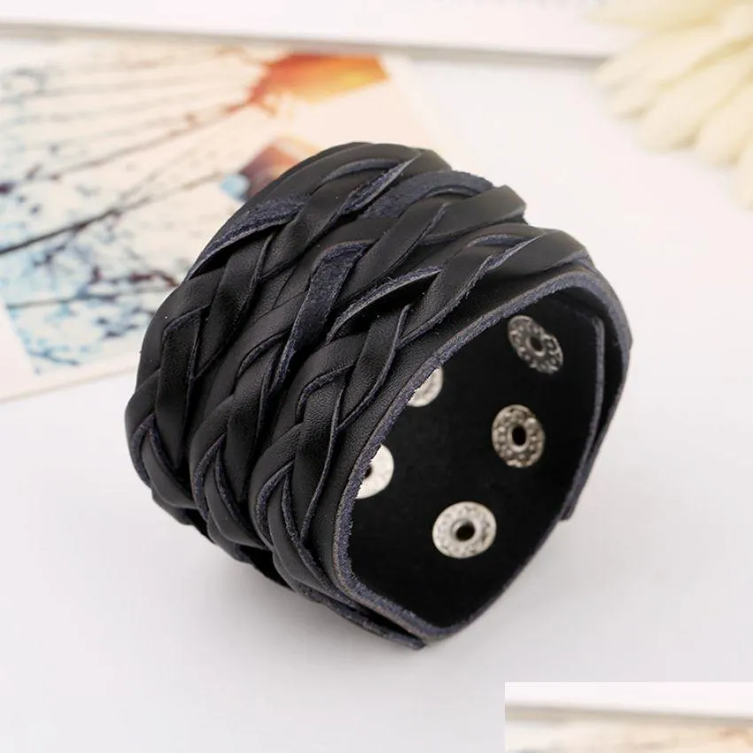 Armreif Schwarz Reihen Geflecht Leder Armreif Manschette Mtilayer Wrap Button Verstellbares Armband Armband Für Männer Frauen Modeschmuck Drop Del Dhnwk