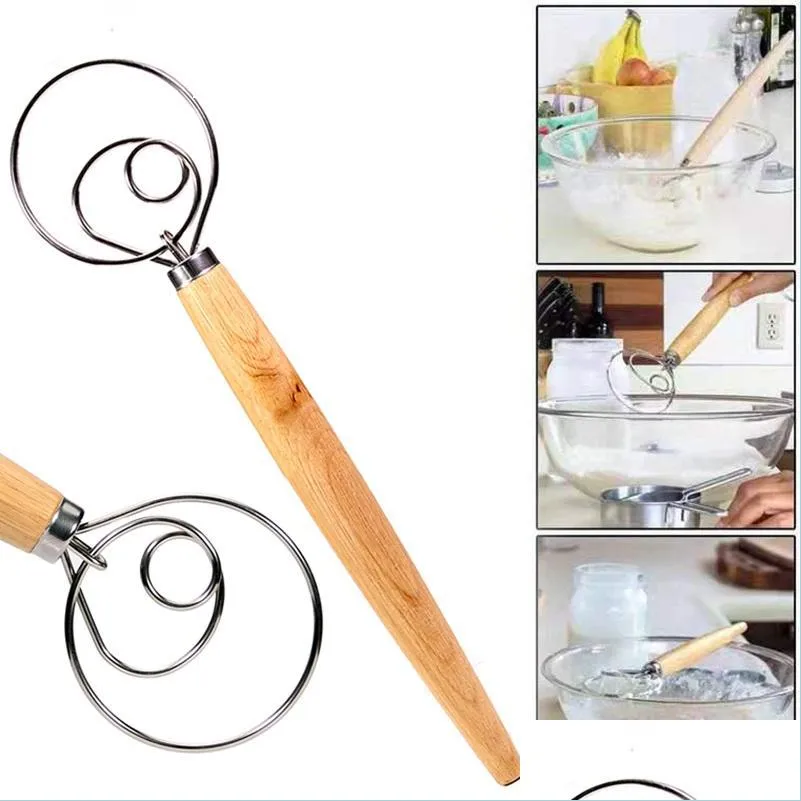 Baking Pastry Tools 13 Inch Oak Handle Flour Mixer Mixing Egg Beater Wooden Blender Kitchen Baking Accessories Drop Delivery Home Dhvda