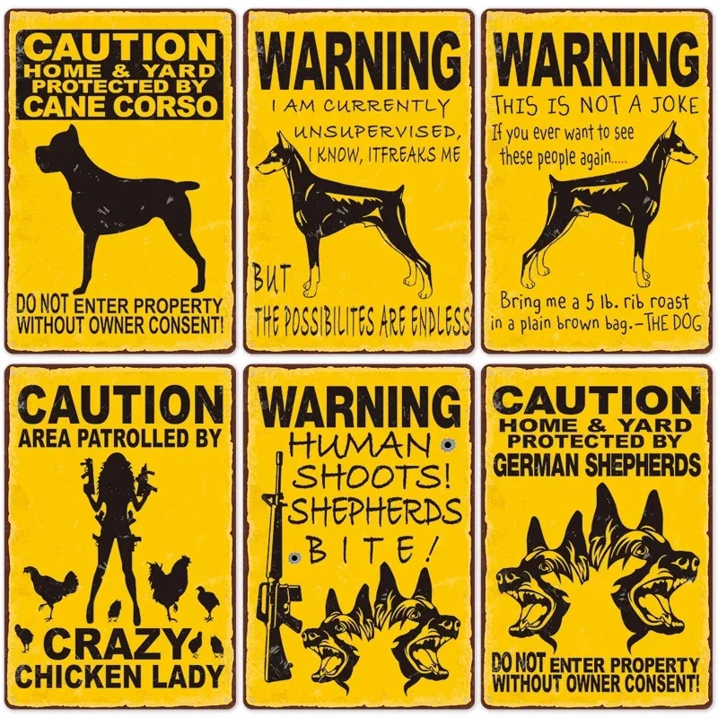 Warning Dog Metal Painting Poster vintage Beware of Dog Retro Targhe di latta Adesivi murali per giardino Decorazione per porta di casa familiare 20cmx30cm Woo
