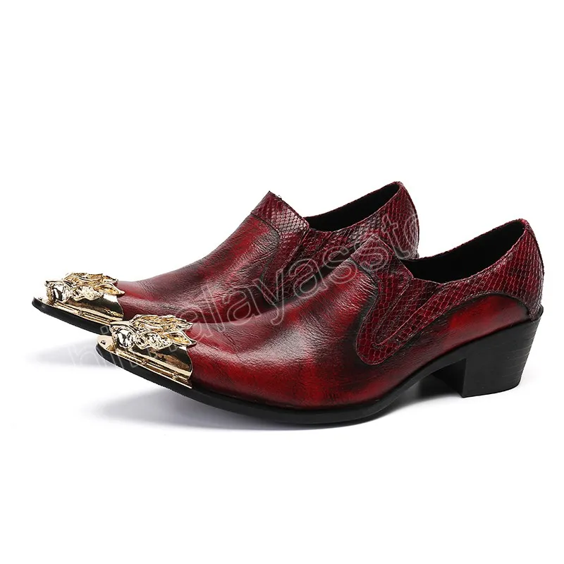 Fashion Golden Metal Toe Geothe Le cuir robe Shoes Men Handmade Men's Wine Red Party and Wedding Chaussures