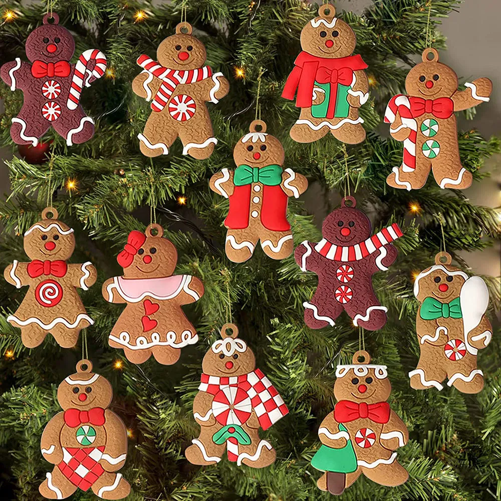 12pcs 성 크리스마스 트리를위한 Gingerbread Man Ornaments Flasticed Flastic Gingerbread 인형 매달려 장식 3 인치 키