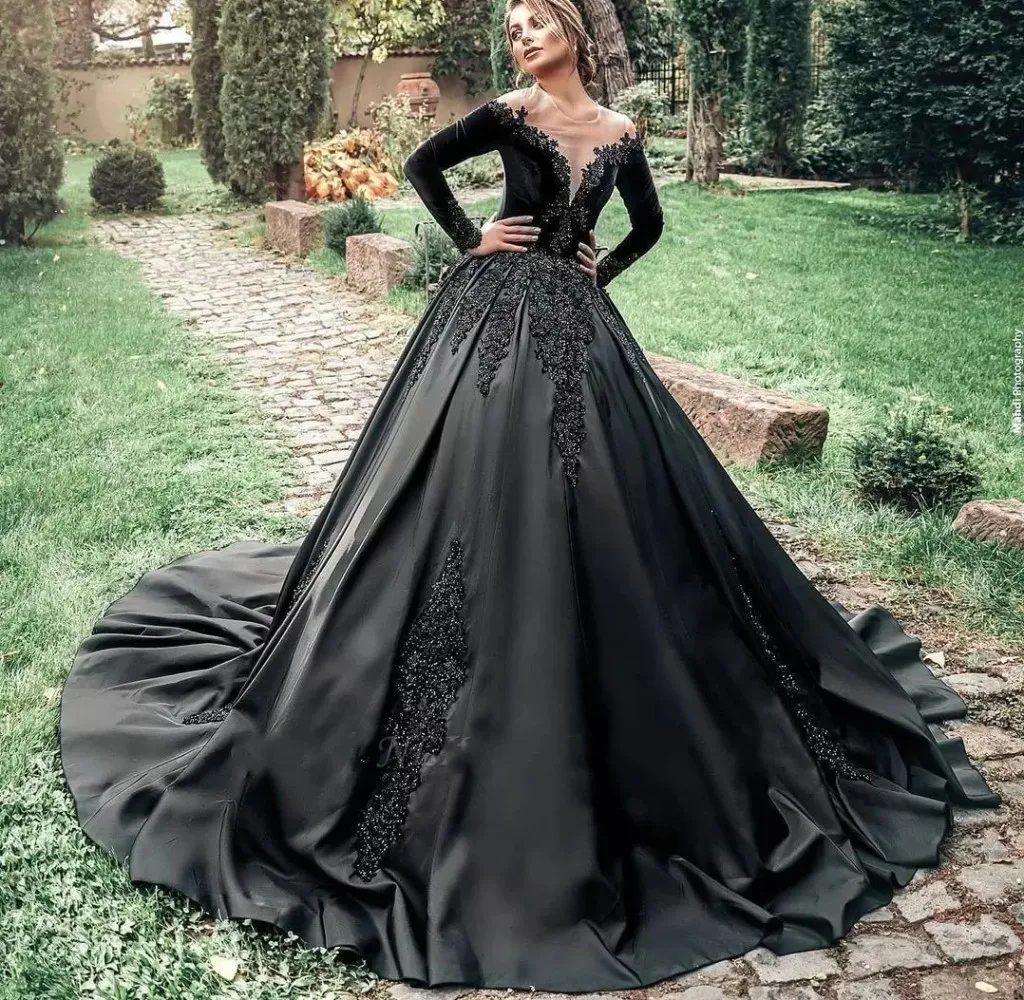 Gothic Bride Design Black Wedding Dresses Lace Long Sleeve – TANYA BRIDAL