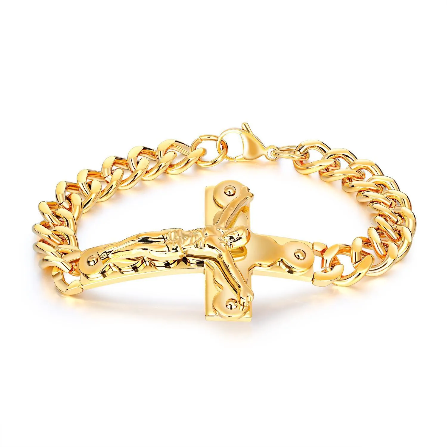 Chain Crucifix Cross Link Chain Bracelets Gold Plated Yellow Copper Faith Bracelet For Men Fashion Religious Jewelry Drop Delivery Dhb2X