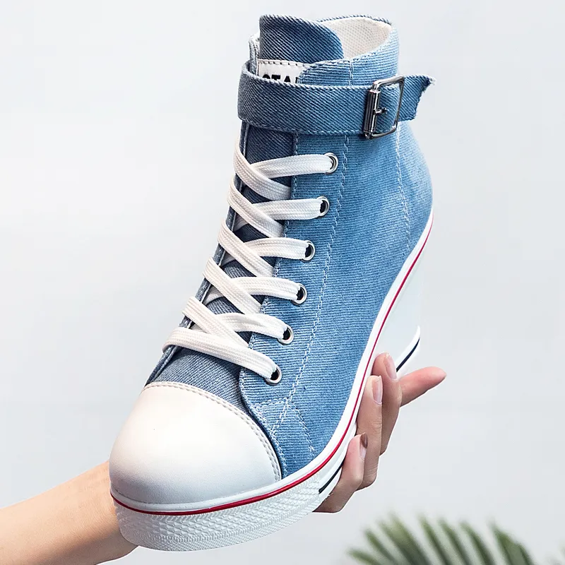 High Top Canvas Wedge Dressy Wedge Shoes For Women Denim Ankle Lace Up Sneakers With 8cm Heels Style 221110 From Zuo03 20.53 DHgate.Com