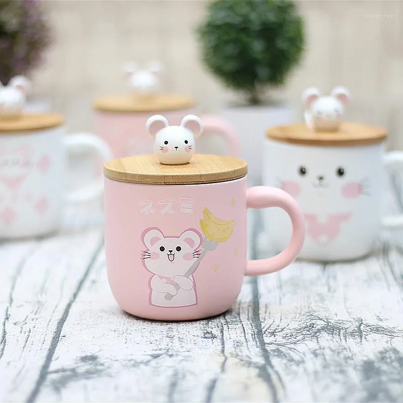 Mugs Cartoon Mouse Ceramic Cup Cute Recreational Animal Mug With Lid Spoon Four Color Optional Wooden Cover Home Office Coffee