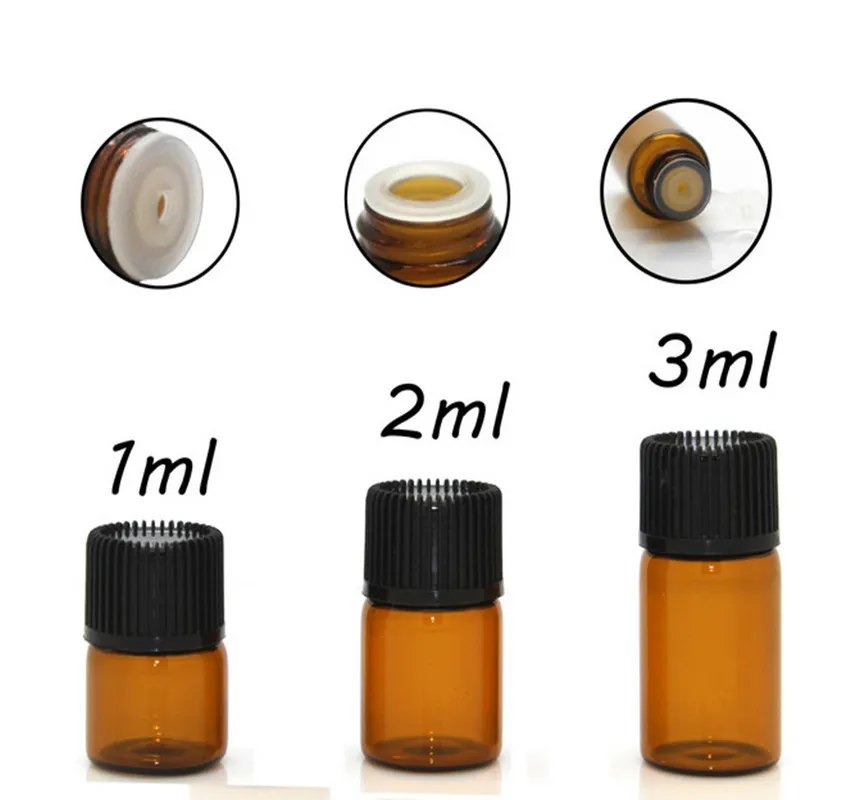 Mini Amber Glass Essential Oil Bottle Orifice Reducer & Cap Brwon Glass Vials 1ML 2ML 3ML From