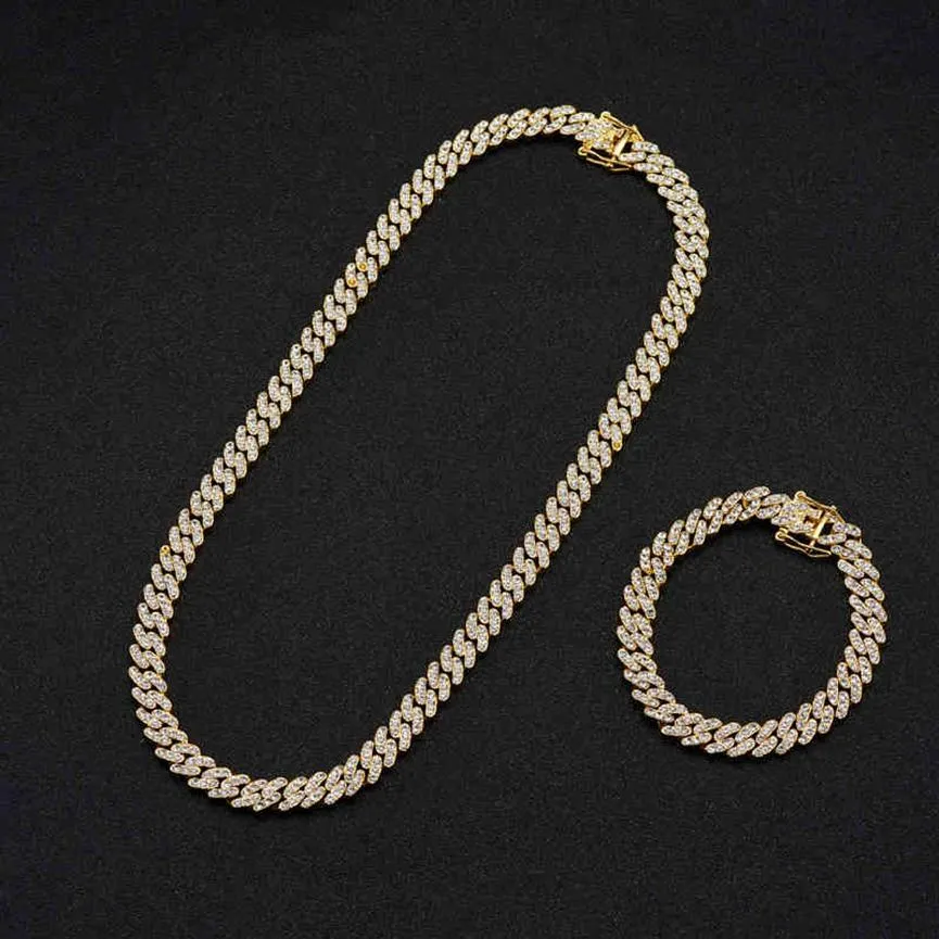 RQ iced out cuban chain Alloy Rhinton 9mm Cuban Link Chain Necklace Bracelets Cheap Rapper Jewelri cadenas de oro318W