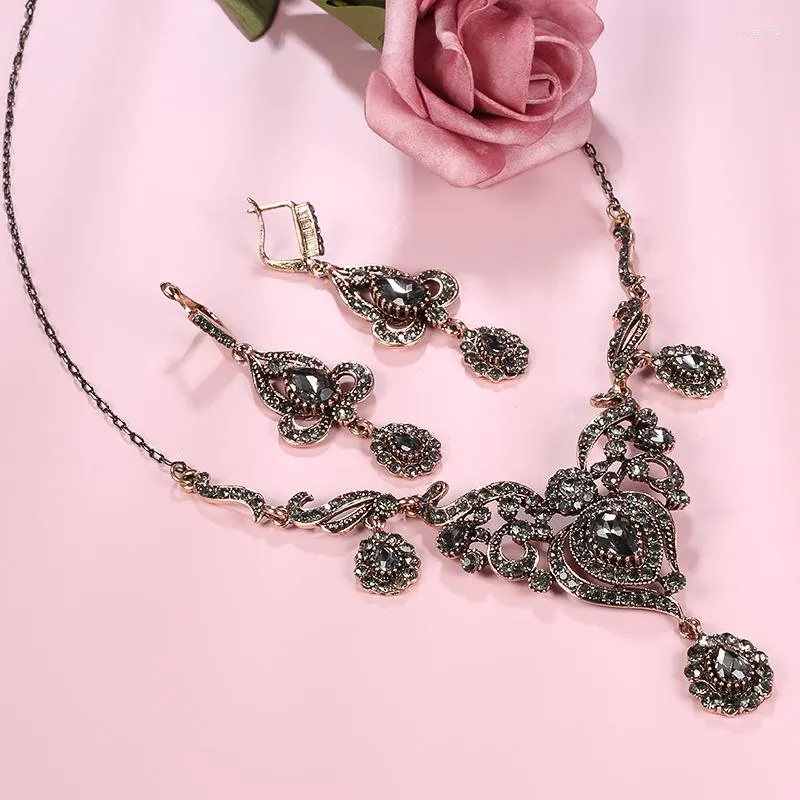 Necklace Earrings Set Wbmqda Luxury Gray Crystal Flower Women Earring Gold Color Turkish Rhinestone Vintage Wedding Jewelry