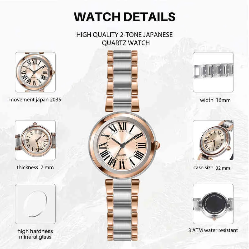 2022 Top Sıralama 2 Ton Analog 3 Eller Lady Quartz Bilek Saat Damen Uhr Lüks Kadınlar Vintage Stil Bilek Gözetleme