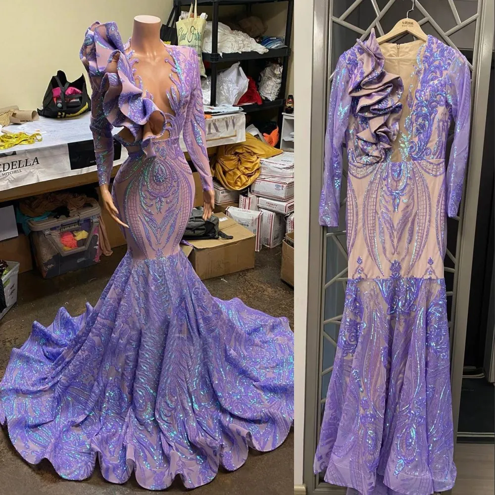2023 Blśnięte sukienki wieczorowe liliowe lawendy cekiny syrena na balus SEXY V SCICK Ruffles imprezowe sukienki długie rękawy błyszczące koronkowe szaty vestido