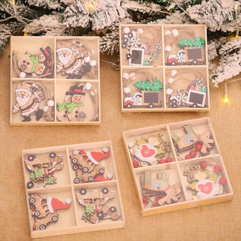 Christmas Decorations 12pcs/box Car Wooden Pendants Santa Claus Snowman Hanging Ornaments For Home Noel Navidad Decor