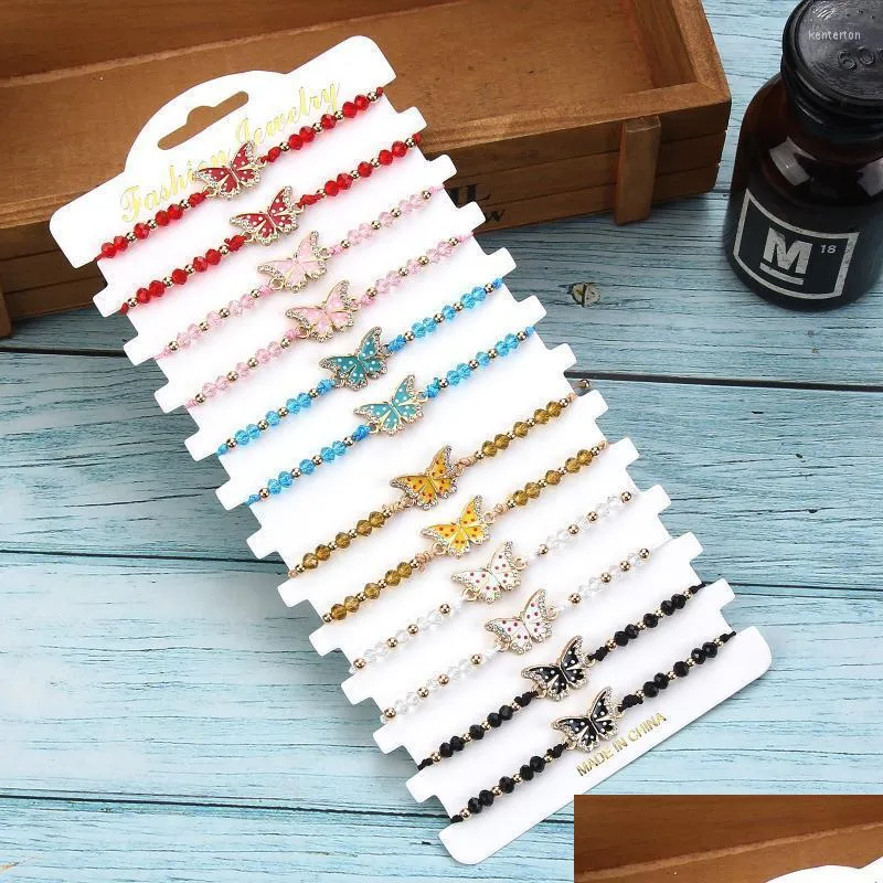 Bedelarmbanden bedelarmbanden boho 12 stcs/lot kristal kralen touw colorf vlinder hanger bangle armband voor vrouwen meisje handgemaakte dhkxt