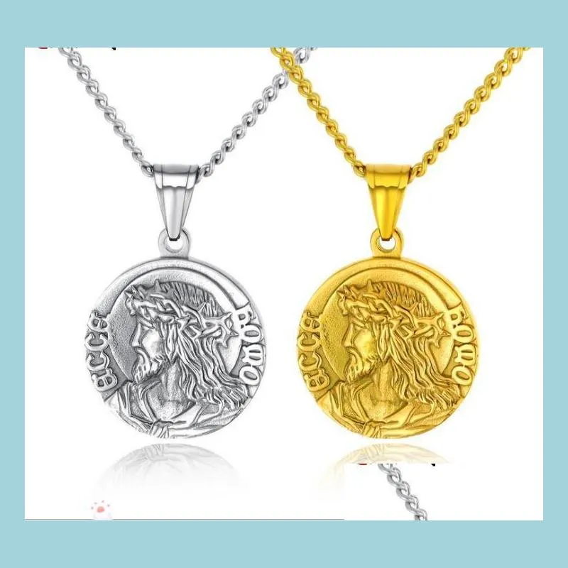 Pendentif Colliers En Acier Inoxydable Vierge Marie Pendentifs Collier Avec Chaîne En Or Sier Pour Hommes Pièce Ronde Jésus Christ Bijoux Wholesa Dh4Lo