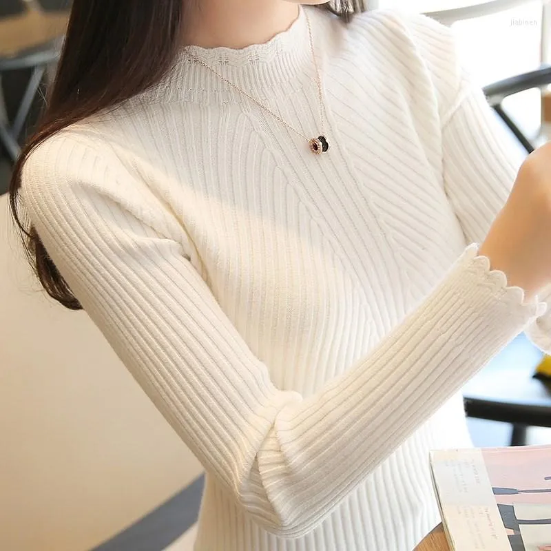 Women's Sweaters 9 Colors Autum Winter Women Ladies Long Sleeve Turtleneck Slim Fitting Knitted Lace Sweater Femme Korean Pull Stretched