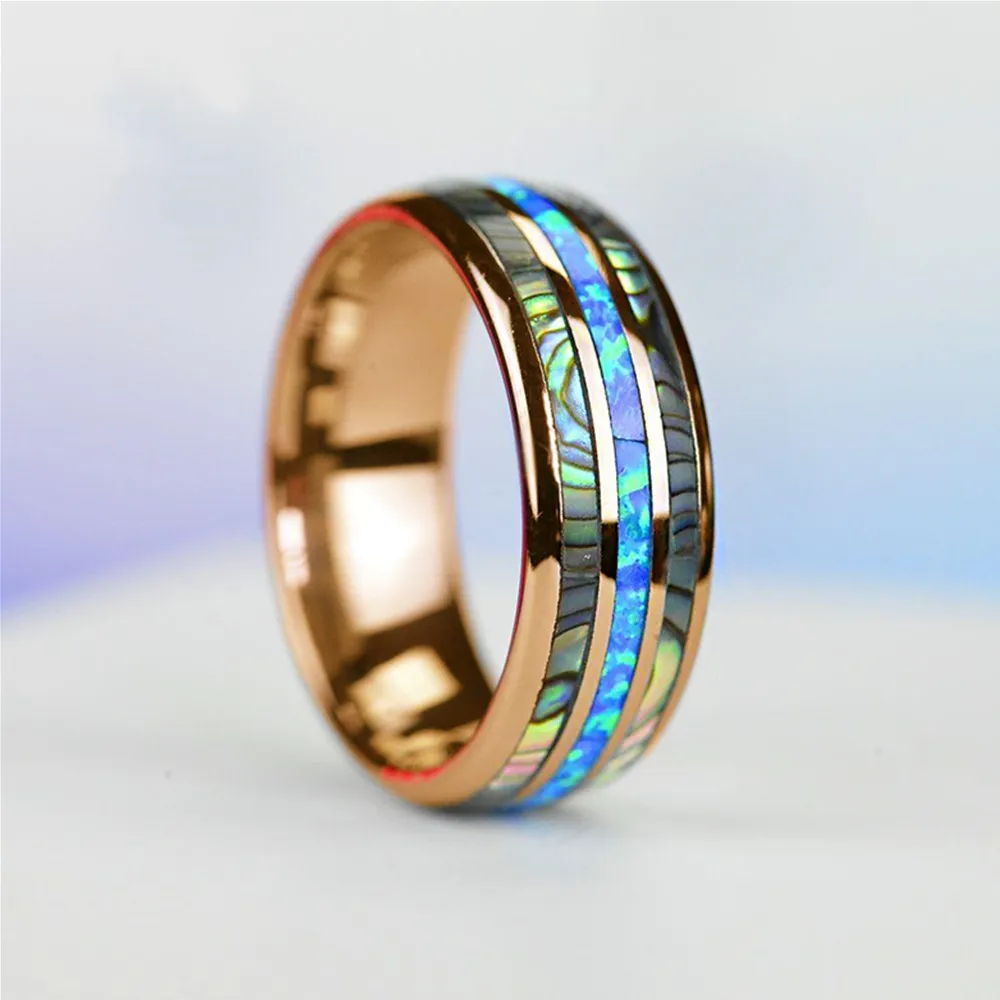 Fashion 8mm Rose Gold Ring Tungsten Stainless Steel Rings Inlay Abalone Shell Blue Opal Rings Men Wedding Jewelry