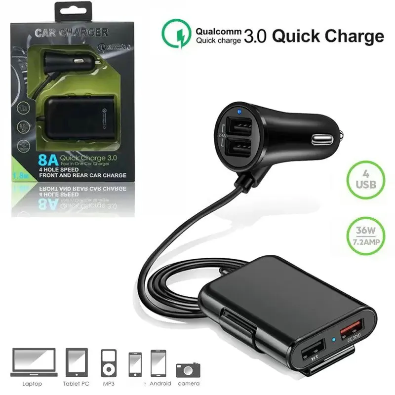 QC 3.0 شاحن السيارات متعدد 4 USB شاحن سيارة الشاحن الأمامي المقعد الخلفي 4 المنفذ محول شحن Quick Charge مع صندوق البيع بالتجزئة