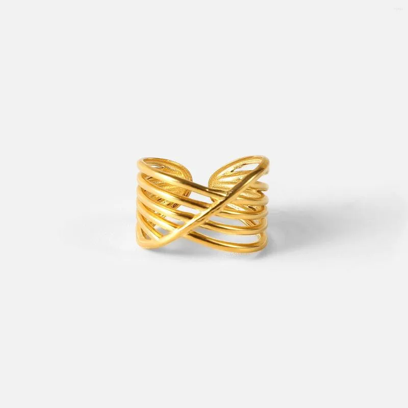 Clusterringen dikke PVD Gold vergulde roestvrijstalen sieraden Multi -layer geometrische kruis open verstelbare bagues voor vrouwen