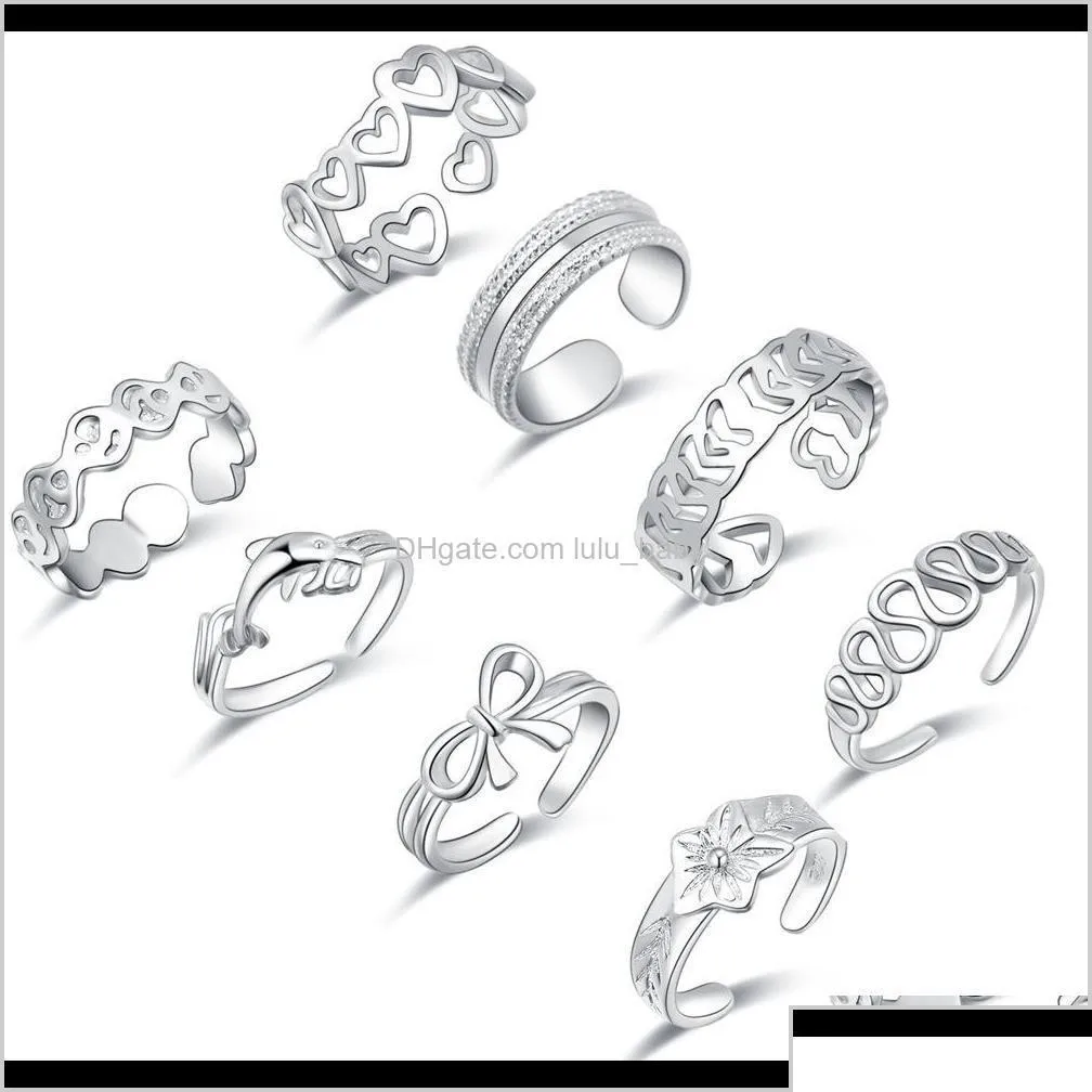 Toe Rings 8Piece Foot Set Small Tail Bow Dolphin Love Shape Hawaiian Jewelry Gqelq Toe Rings Uervf Drop Delivery Body Otits