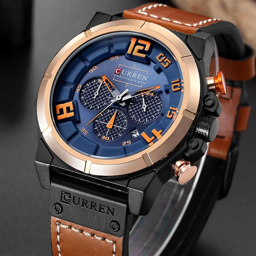 A marca de moda Curren Chronograph Sports Men Watches Military Analog Quartz Wrist Watches Genuine Leather Strap Male Clock231N