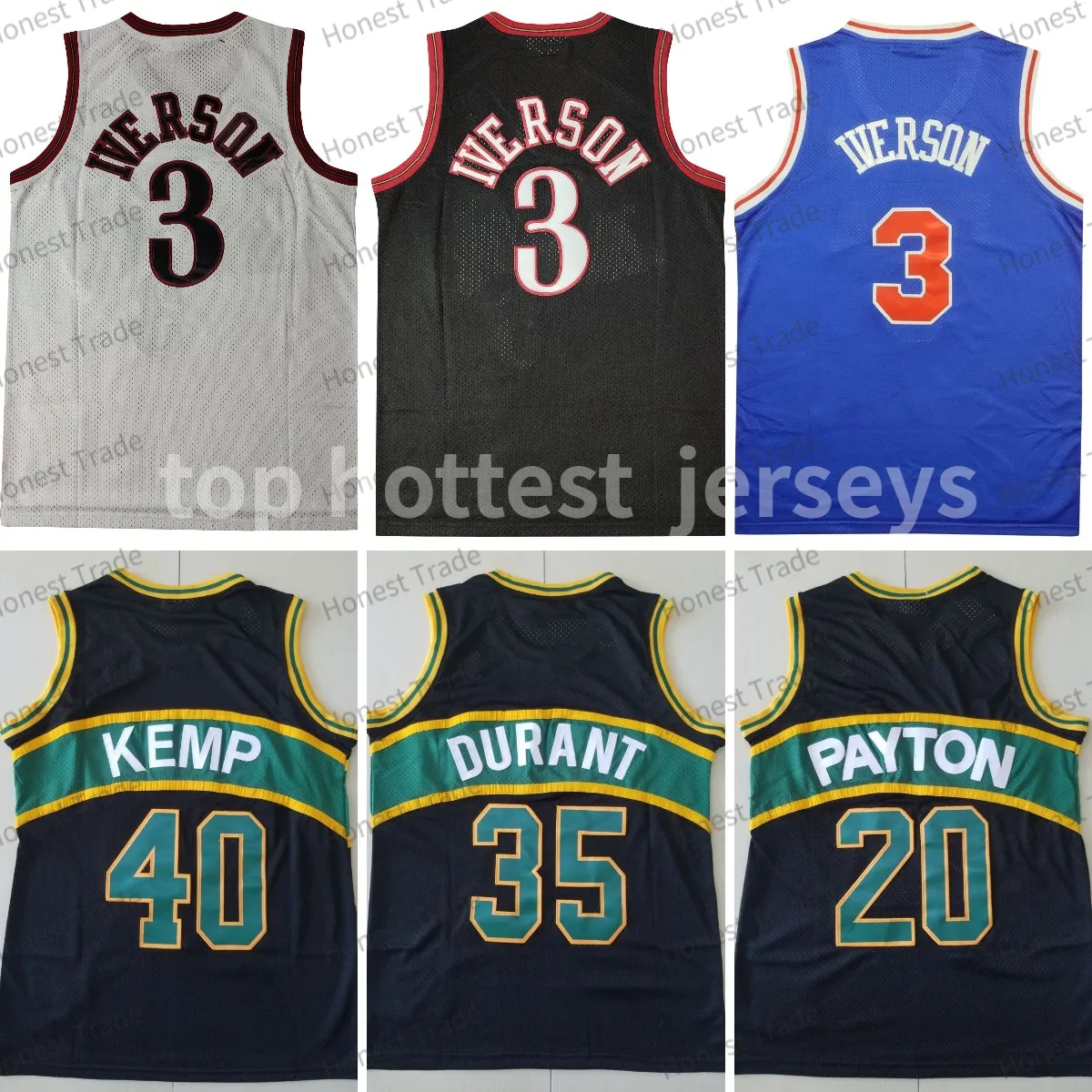 Retro Iverson 3 Allen Basketball Jersey 20 Gary 40 Shawn Payton Durant 35 Kemp Mitchell Ness Black White Mens Jerseys Stitched Throwback