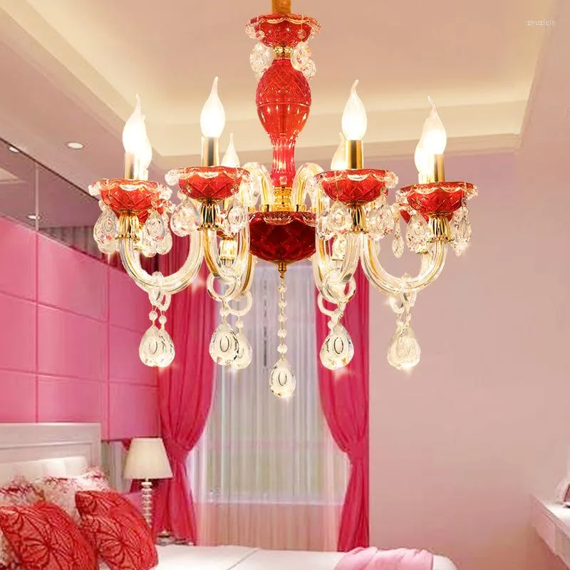 Żyrandole vintage czerwona lampa kryształowa sypialnia pokój ślubny żyrandol świeca E14 Lampy LED Living Light Ustawienie oświetleniowe