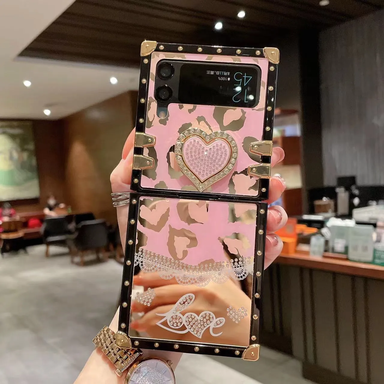 Sexy léopard amour coeur Rivet carré couverture de téléphone pour Samsung Galaxy Z Flip 4 3 5G mignon strass en forme de coeur support étui