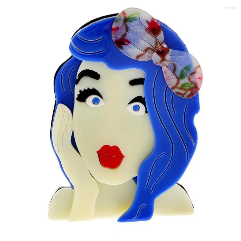 Brooches CINDY XIANG Acrylic Blue Hair Girl Brooch Pin Fashion Beautiful Acetate Fiber Jewelry