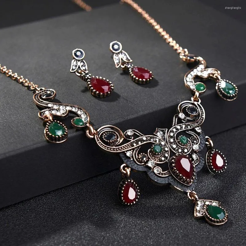 Halskette Ohrringe Set Türkisch Vintage Roter Kristall Für Frauen Statement Ohrring Armreif Quaste Kostüm Hochzeit Schmuck